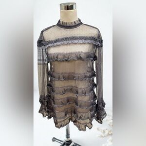 POL Sheer Gray Lace Ruffle Top Small